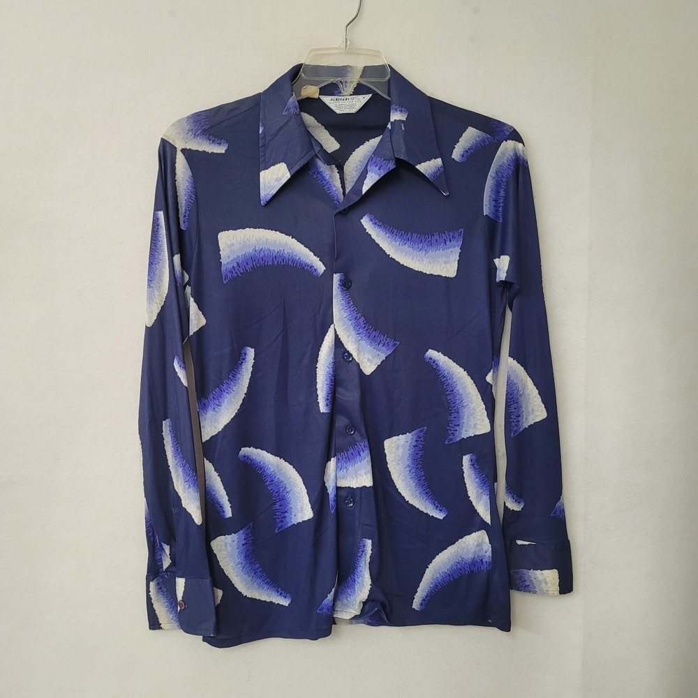 Anderson-Little Shirt Men M Blue Vintage 60s 70s Tailored Designer Stretch Knit